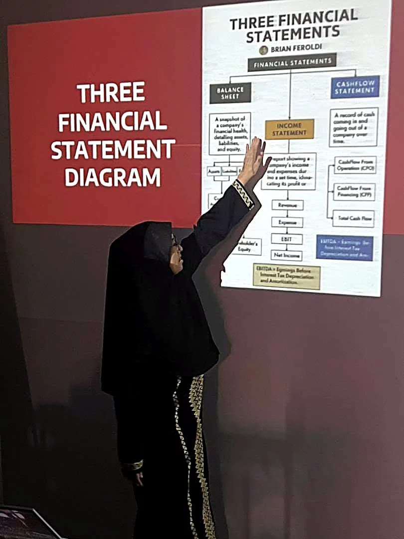 Trainer presenting the three financial statements diagram to the class